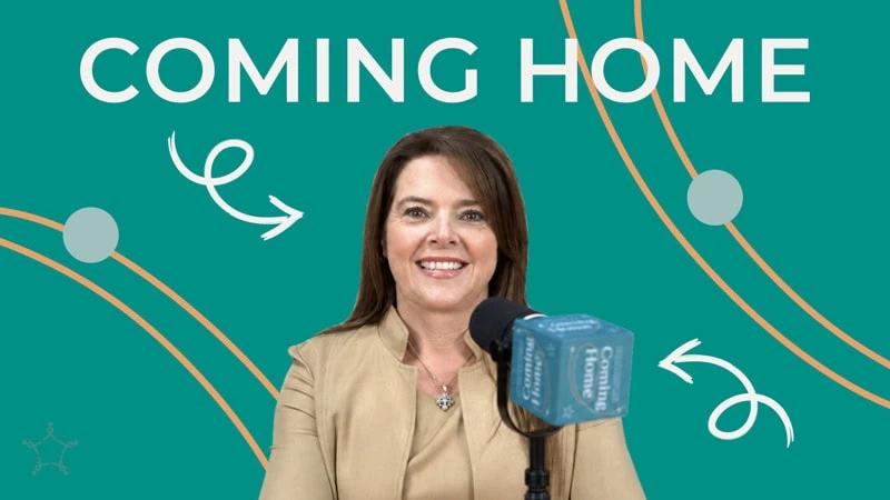 Woman speaking into microphone for care at home podcast.