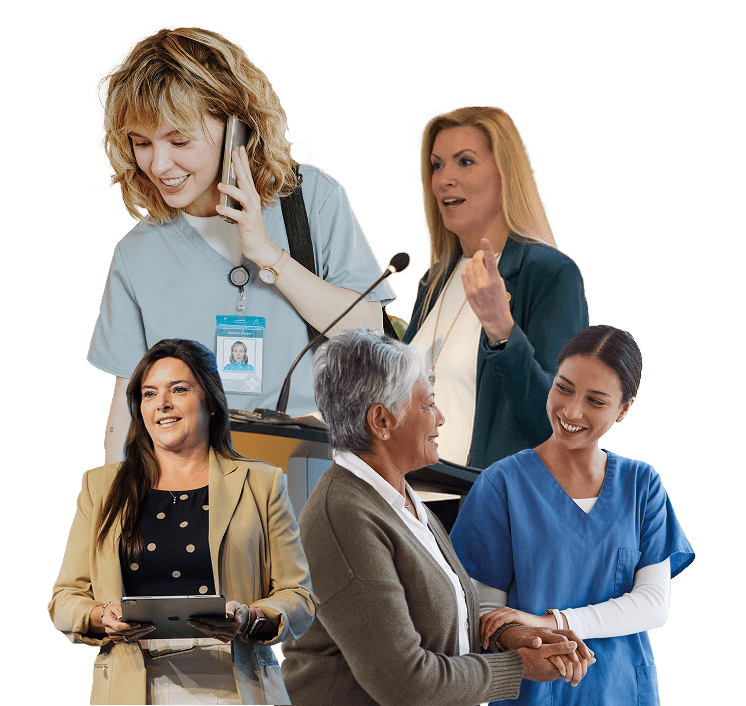 Healthcare professionals supporting at-home caregivers and patients.