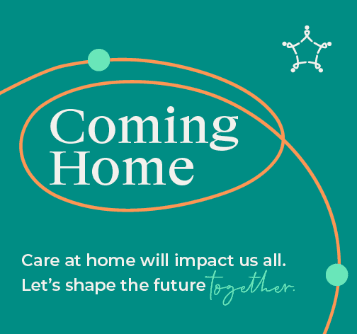 Coming Home graphic with molecular structure and orbit design for care at home.